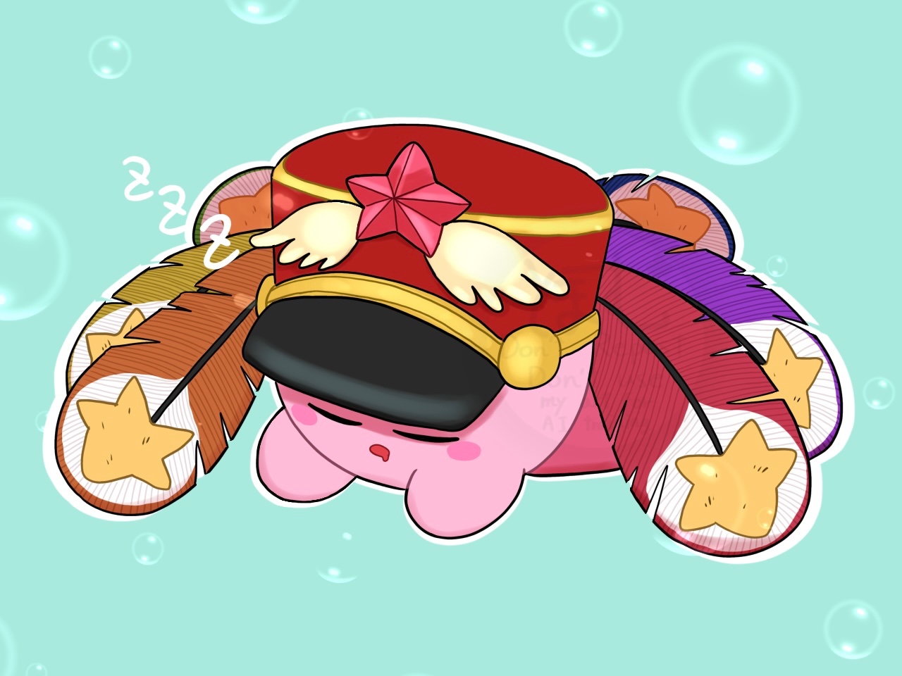 10ho_mu 1boy aqua_background bubble_background closed_eyes copy_ability drooling feathers festival_kirby hat kirby kirby&#039;s_return_to_dream_land_deluxe kirby_star_allies kirby_(series) lying nintendo no_humans on_stomach open_mouth saliva shaded_face shadow sleeping solo tagme zzz