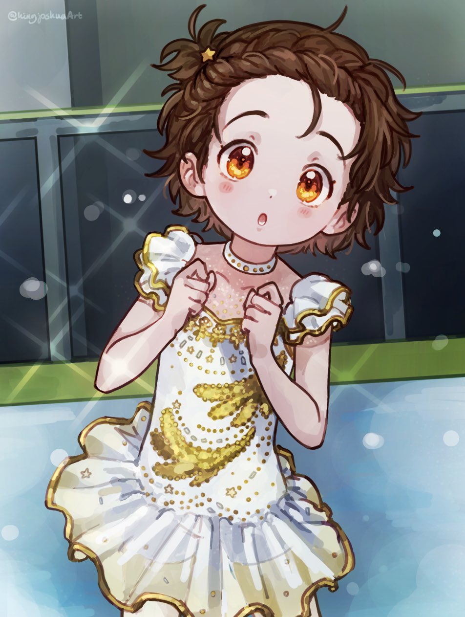 1girl :o arms_up bare_arms brown_hair choker commentary_request cowboy_shot dress figure_skating_dress gold_trim hair_ornament highres kingjoshua light_blush looking_at_viewer medalist_(manga) one_side_up orange_eyes parted_lips short_hair solo sparkle standing star_(symbol) star_hair_ornament twitter_username white_choker white_dress yuitsuka_inori