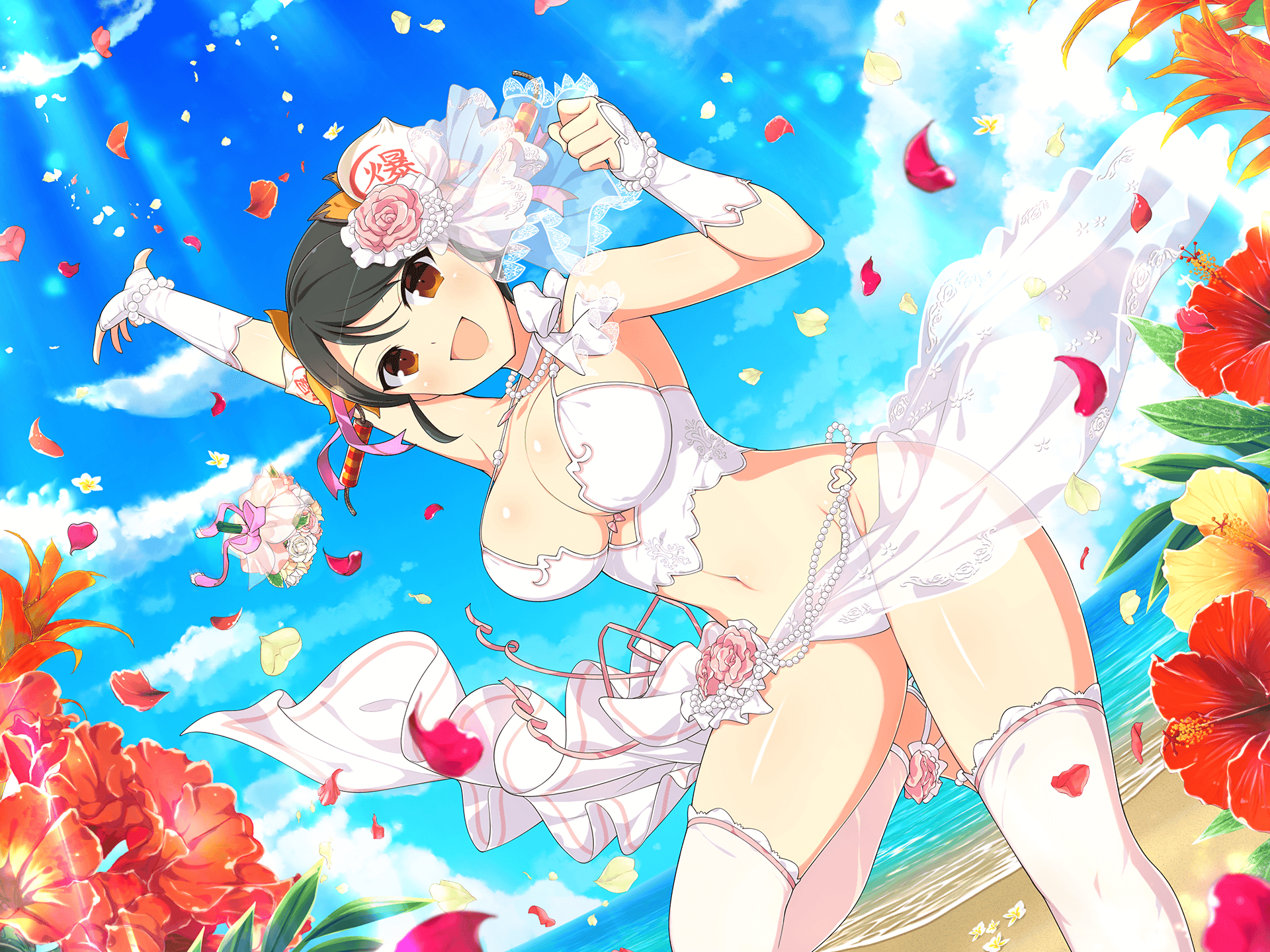 1girl steamed_bun baozi_hair_ornament beach bead_belt black_hair blush bouquet breasts bridal_legwear bridal_lingerie bridal_veil choker firecrackers flower food food-themed_hair_ornament fuse hair_ornament highres large_breasts lingerie looking_at_viewer meimei_(senran_kagura) ocean official_alternate_costume official_art open_mouth orange_eyes red_flower sandals senran_kagura senran_kagura_new_link senran_kagura_new_wave short_hair smile solo underwear veil water white_choker yaegashi_nan