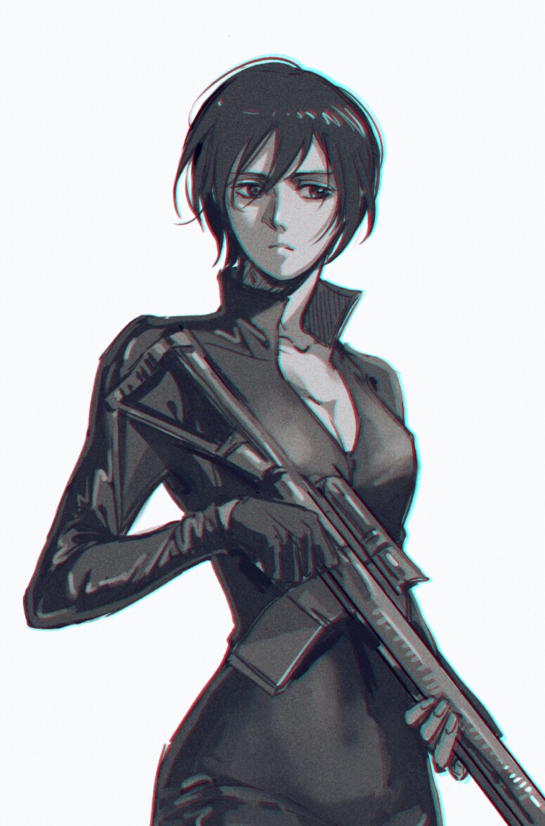 1girl assault_rifle black_eyes black_gloves black_hair black_jumpsuit breasts cleavage collarbone collared_jumpsuit facial_mark gloves grey_background greyscale gun hair_between_eyes holding holding_gun holding_weapon jumpsuit leather_jumpsuit long_sleeves looking_to_the_side meijo mikasa_ackerman monochrome narrow_waist pixie_cut rifle scar scar_on_face shingeki_no_kyojin short_hair simple_background single_glove solo weapon