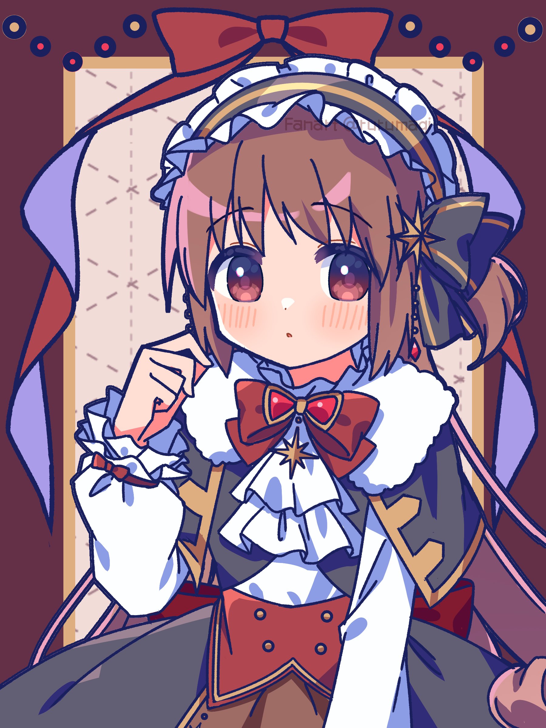 1girl :o absurdres argyle_background black_bow blush border bow bowtie brown_hair capelet christmas commentary frilled_hairband frills fur-trimmed_capelet fur_trim hair_bow hair_ornament hairband hand_up highres long_hair long_sleeves looking_at_viewer magia_record:_mahou_shoujo_madoka_magica_gaiden magical_girl mahou_shoujo_madoka_magica official_alternate_costume outside_border puffy_sleeves red_border red_bow red_bowtie red_eyes ribbon ruru_(rurumagi) satomi_touka satomi_touka_(holy_night_ver.) shirt skirt solo standing twitter_username two-tone_headwear upper_body white_shirt yellow_background