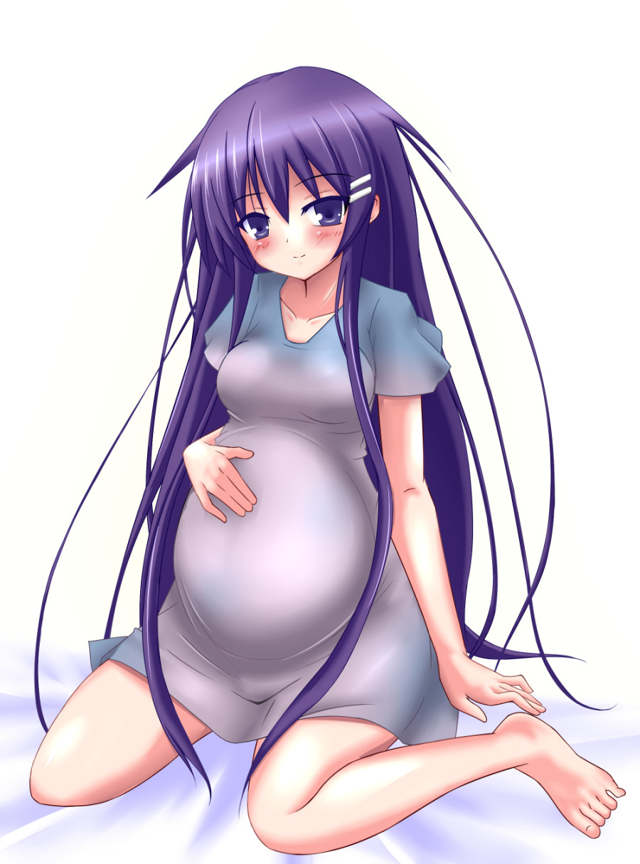 00s 1girl akiba_rika benibana blush breasts female_focus hanbun_no_tsuki_ga_noboru_sora hand_on_own_stomach highres long_hair looking_at_viewer pregnant purple_eyes purple_hair simple_background sitting small_breasts smile solo very_long_hair wariza white_background