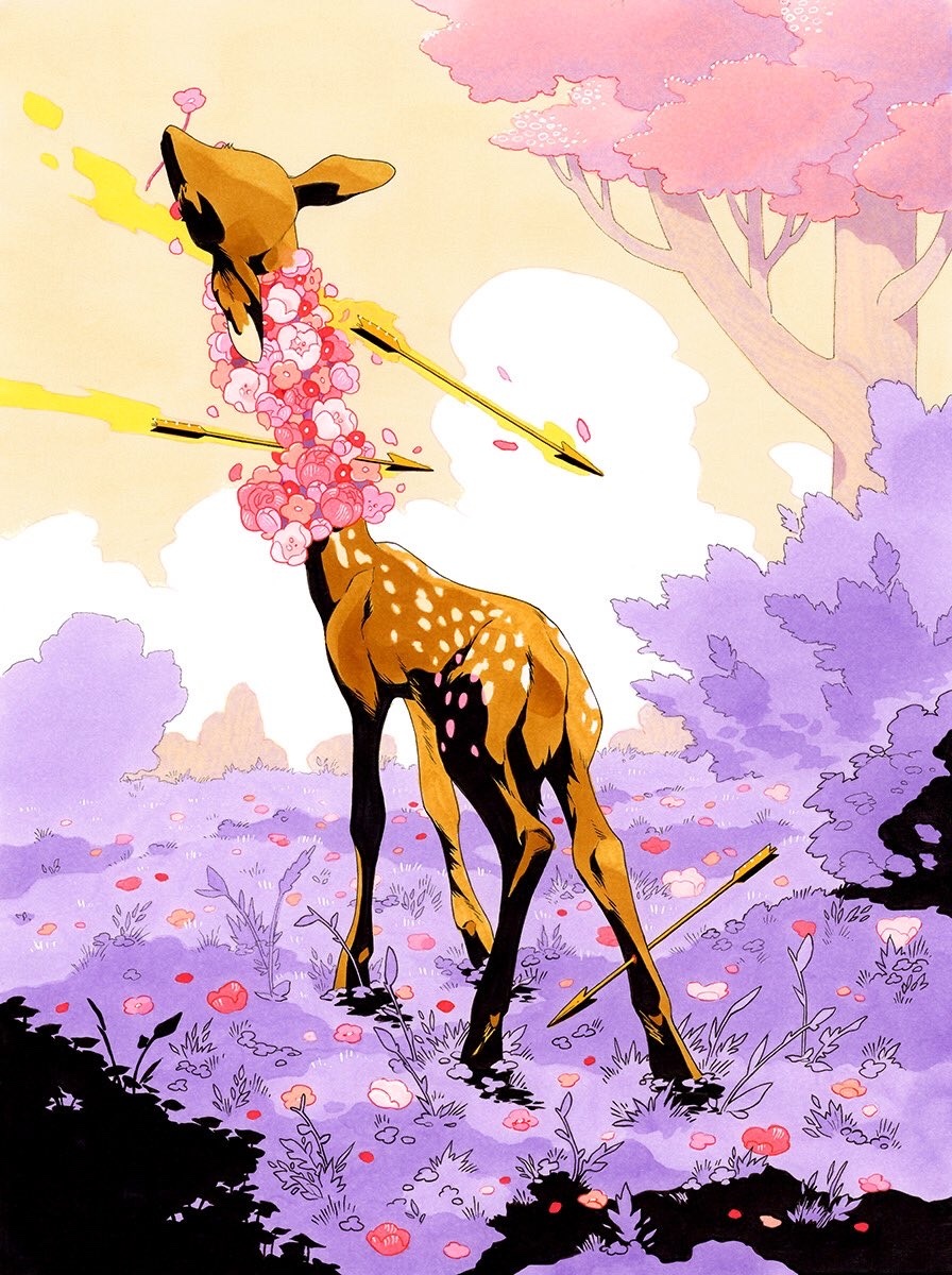 alternate_colored_grass animal animal_focus arrow_(projectile) arrow_in_body arrow_in_leg brown_fur crying day deer fawn fleebites flower flower_in_mouth head_back highres neck_flower no_humans on_grass original outdoors pastel_colors pink_flower sky standing stretching symbolism traditional_media tree yellow_sky