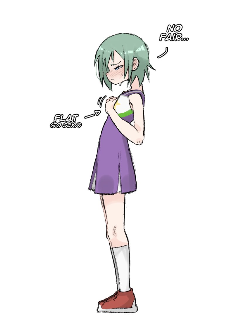 1girl blue_eyes blush breast_conscious cheerleader dress english_text flat_chest from_side full_body green_hair half-closed_eyes iwasaki_minami kneehighs lucky_star pleated_dress purple_dress red_shoes shoes short_dress short_hair skinny socks solo sweat typo white_socks zlix0n