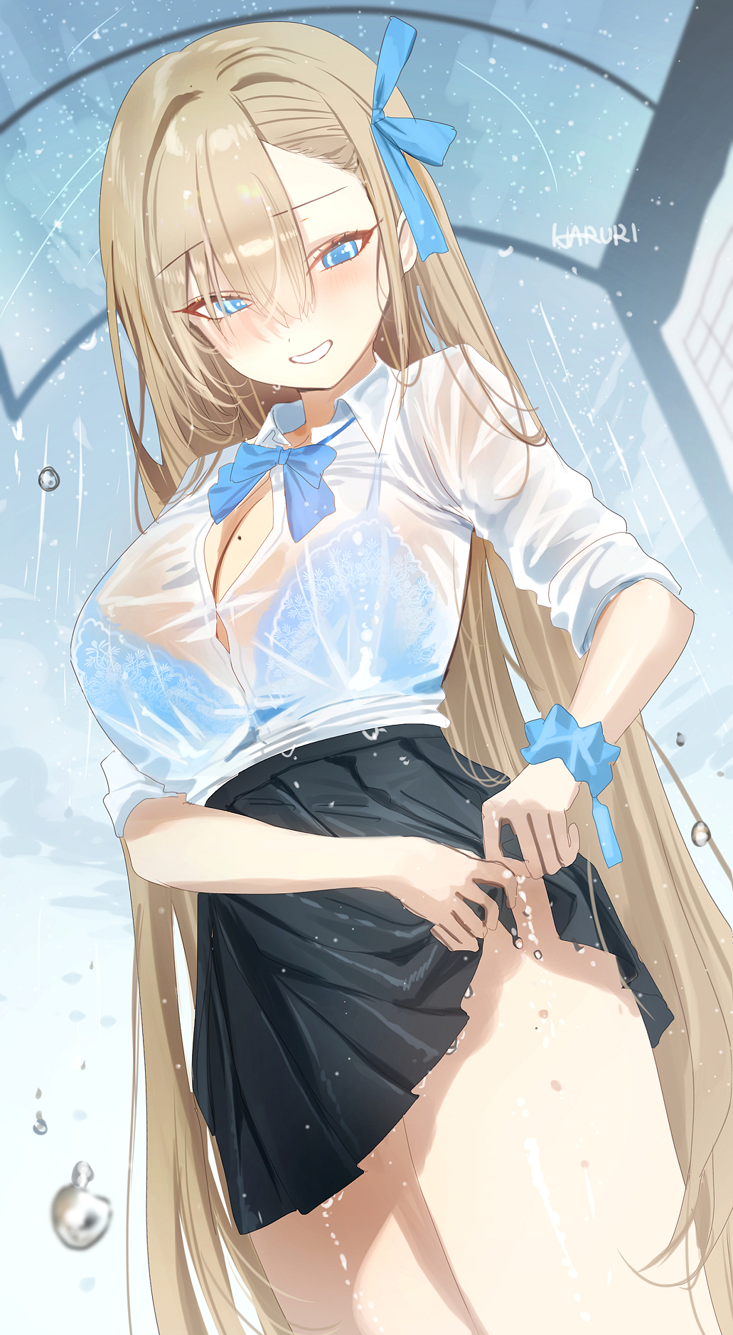 1girl artist_name asuna_(blue_archive) asymmetrical_bangs black_skirt blue_archive blue_bow blue_bowtie blue_bra blush bow bowtie bra breasts button_gap cleavage commentary halo haruri highres large_breasts light_brown_hair long_hair looking_down miniskirt mole mole_on_breast pleated_skirt rain school_uniform scrunchie see-through_clothes see-through_shirt shirt shirt_tucked_in skirt smile solo underwear very_long_hair water_drop wet wet_clothes wet_shirt white_shirt wringing_clothes wringing_skirt wrist_scrunchie