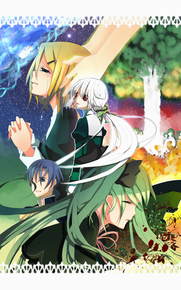 1boy 3girls aku_no_musume_(vocaloid) bad_id bad_pixiv_id blonde_hair blue_eyes blue_hair evillious_nendaiki hair_ornament hair_ribbon hairclip hatsune_miku hurateco kagamine_rin kaito_(vocaloid) long_hair multiple_girls own_hands_clasped own_hands_together ponytail red_eyes regret_message_(vocaloid) ribbon shiro_no_musume_(vocaloid) shirokona short_hair tears twintails vocaloid white_hair yowane_haku
