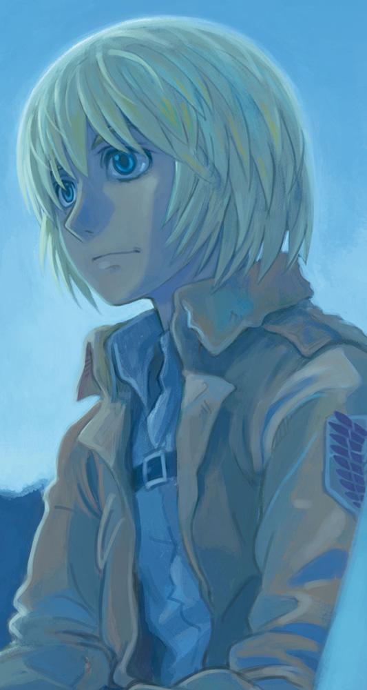 1boy armin_arlert azuma_kiyohiko blonde_hair blue_eyes blue_sky blue_theme brown_jacket chest_harness close-up closed_mouth commentary emblem expressionless harness jacket looking_afar looking_ahead male_focus open_clothes open_jacket outdoors paradis_military_uniform shingeki_no_kyojin shirt sky solo survey_corps_(emblem) upper_body white_shirt