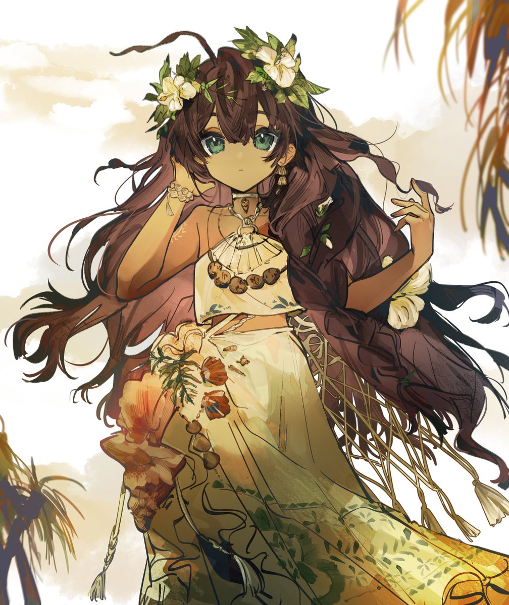 1girl ahoge blue_eyes brown_hair conch cowboy_shot dark-skinned_female dark_skin fatutu flower hair_flower hair_ornament halter_shirt halterneck hand_in_own_hair hands_up hibiscus highres kaeshi_(yuukaeshi) leaf_hair_ornament long_hair long_skirt looking_at_viewer midriff plant reverse:1999 shell_bracelet shirt shoulder_tattoo skirt sleeveless sleeveless_shirt solo tattoo very_long_hair white_background white_flower white_shirt white_skirt