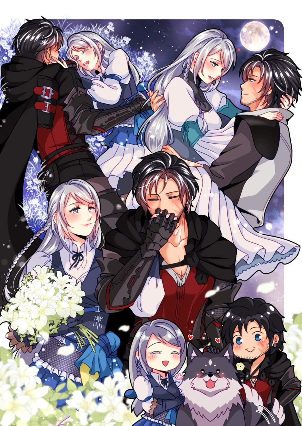 1boy 1girl animal babigonice black_cape black_hair black_jacket blue_eyes blue_vest blush border braid cape clive_rosfield closed_mouth commentary couple dress english_commentary facial_scar final_fantasy final_fantasy_xvi flower full_moon grey_hair grey_wolf heart highres jacket jill_warrick kiss kissing_hand long_hair lying moon multiple_views night night_sky on_side open_mouth outside_border puffy_sleeves red_vest scar scar_on_cheek scar_on_face shirt short_hair sky smile torgal_(ff16) vest white_border white_dress white_shirt