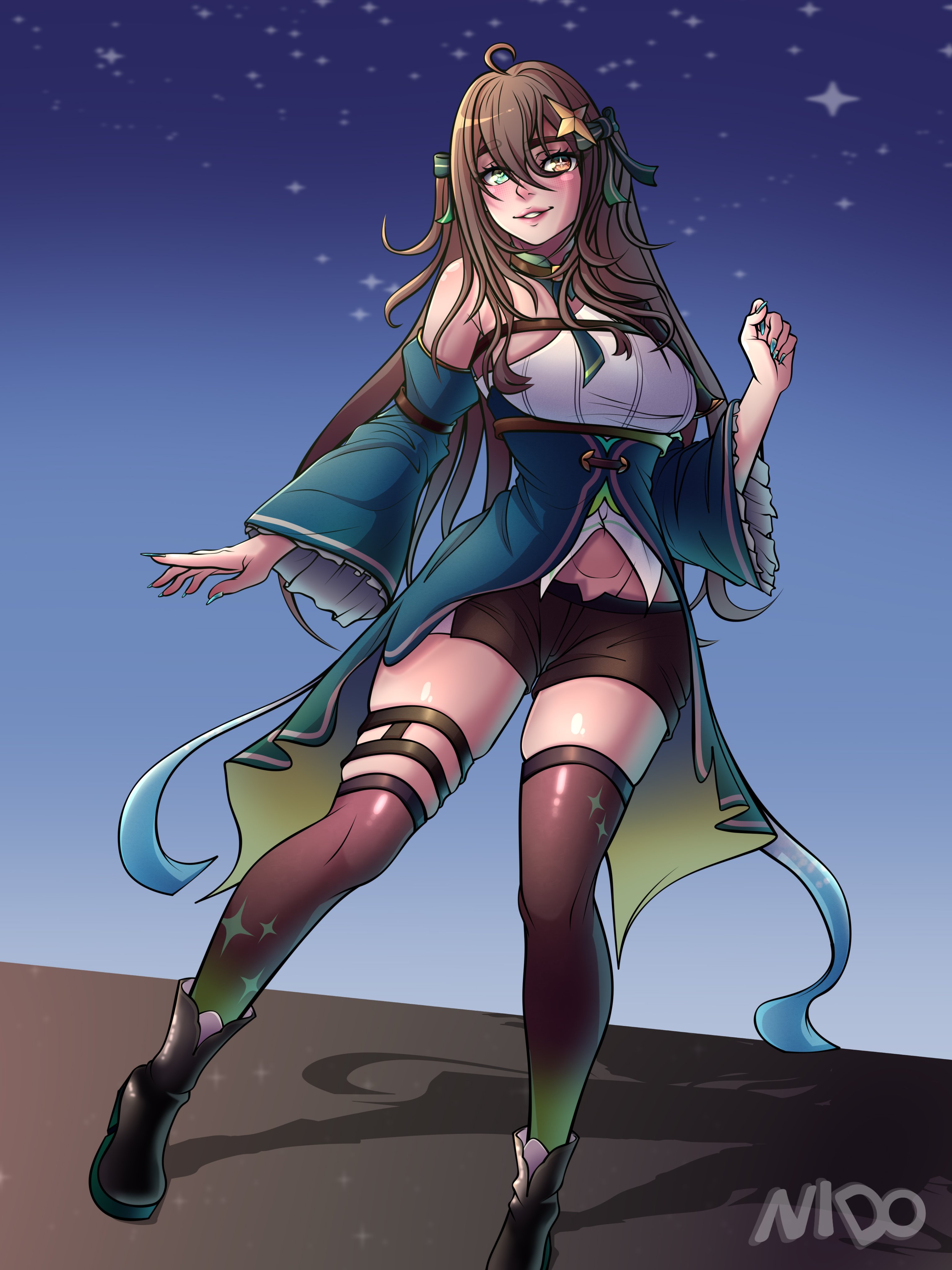 1girl absurdres affternido arm_at_side artist_name black_boots blush boots breasts brown_eyes brown_hair brown_shorts brown_thighhighs cape detached_sleeves eyebrows eyelashes female_focus fingernails full_body gradient_clothes green_cape green_eyes green_nails green_sleeves green_thighhighs grin hair_ornament hand_up heterochromia highres chromashift large_breasts long_fingernails long_hair long_sleeves looking_at_viewer meica_(vtuber) meica_(vtuber)_(1st_costume) nail_polish night night_sky official_alternate_hairstyle parted_lips shirt shorts single-shoulder_shirt sky smile solo standing star_(symbol) star_hair_ornament teeth thigh_strap thighhighs two-tone_thighhighs two_side_up virtual_youtuber waist_cape watermark white_shirt wide_sleeves