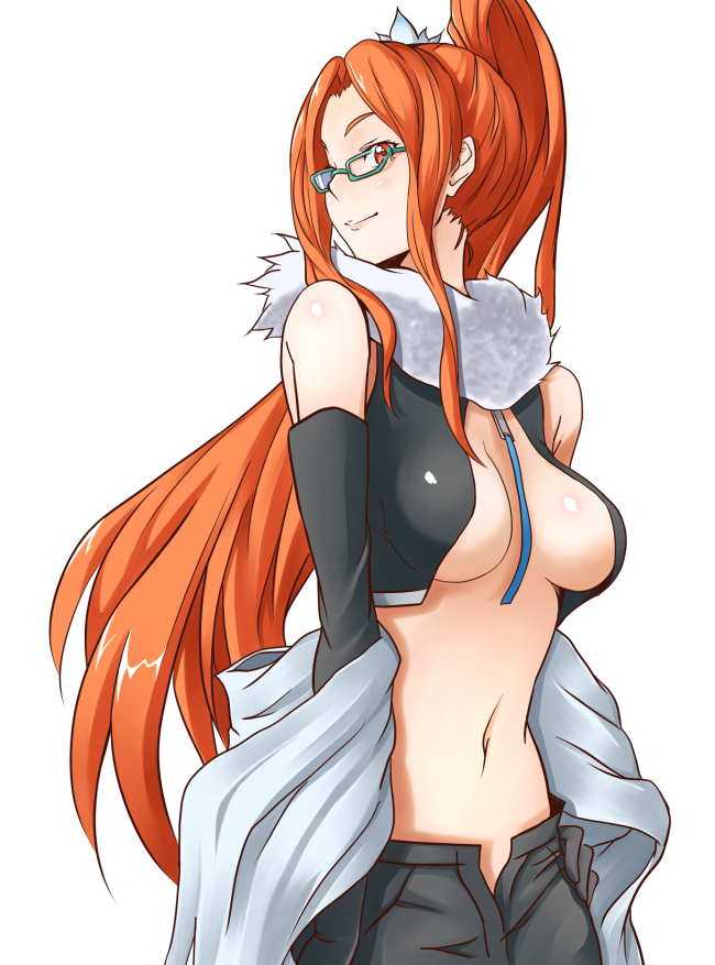 10s 1girl breasts cleavage devil_survivor_(series) devil_survivor_2 elbow_gloves female_focus glasses gloves green-framed_eyewear kujou_hinako large_breasts long_hair matching_hair/eyes midriff navel orange_eyes orange_hair ponytail shawl simple_background smile solo someko1 unbuttoned very_long_hair white_background