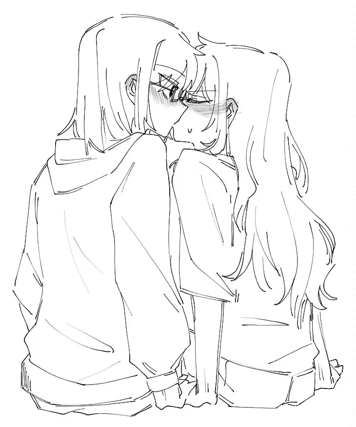 2girls blush closed_eyes commentary_request ear_blush from_behind greyscale holding_hands hood hoodie kamikoshi_sorawo kozakura_(urasekai_picnic) long_hair long_sleeves looking_at_another monochrome multiple_girls short_hair short_sleeves sweatdrop unhappyliz urasekai_picnic yuri