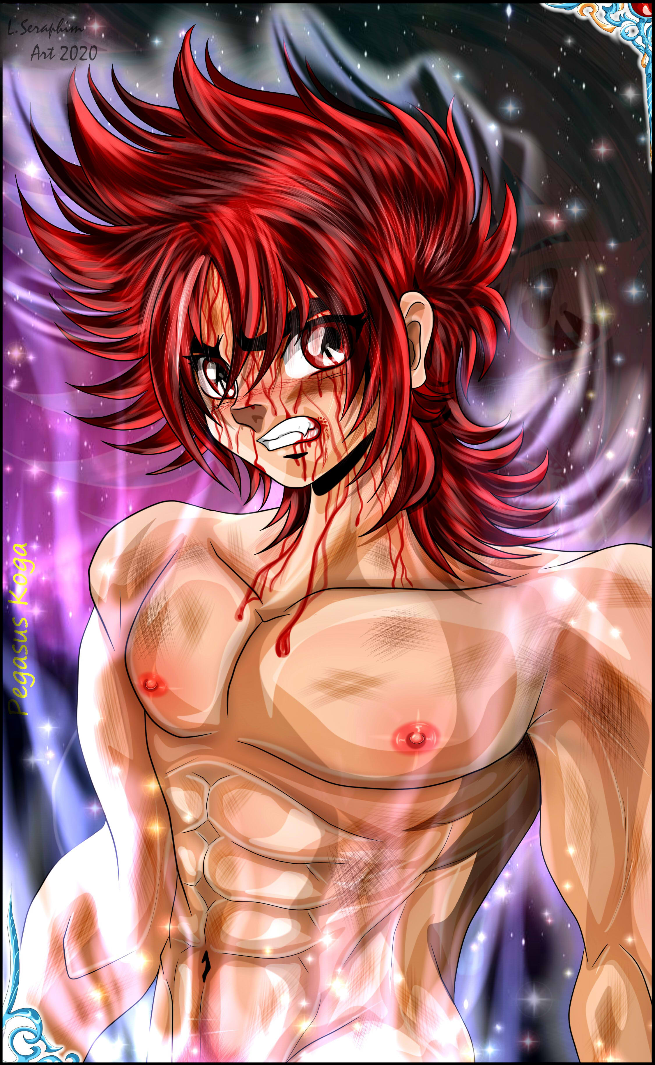 abs absurdres bara blood blood_on_face highres lseraphim male_chest male_focus nipples male_pubic_hair muscular muscular_arms muscular_male navel pectorals pegasus_koga pubic_hair red_eyes red_hair saint_seiya saint_seiya_omega yaoi