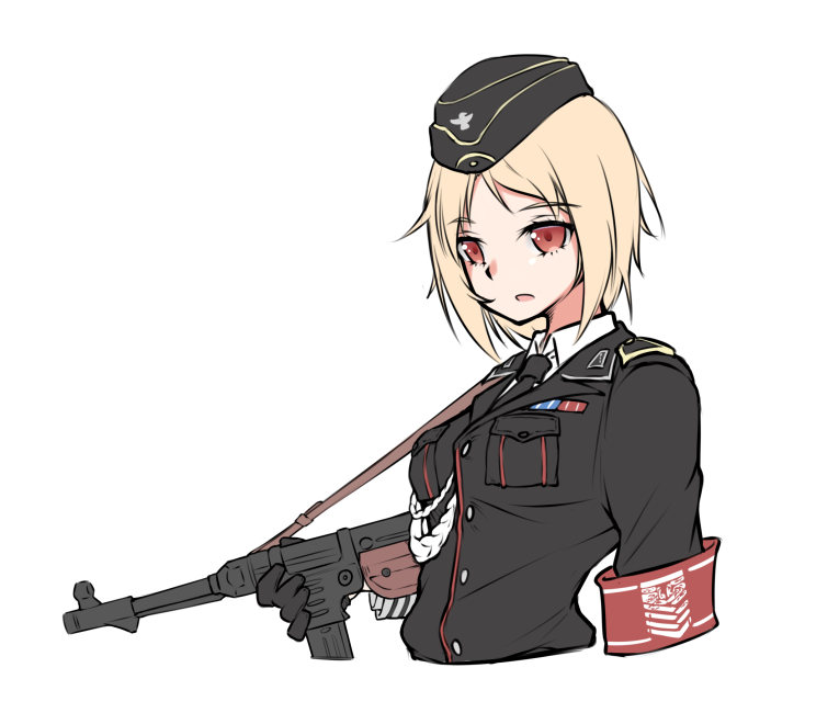 1girl armedshipyard black_hat black_necktie blonde_hair breasts girls&#039;_frontline gun hat holding holding_weapon looking_at_viewer medium_hair military military_hat military_uniform mp40 mp40_(girls&#039;_frontline) necktie open_mouth red_eyes shirt solo submachine_gun weapon white_background white_shirt