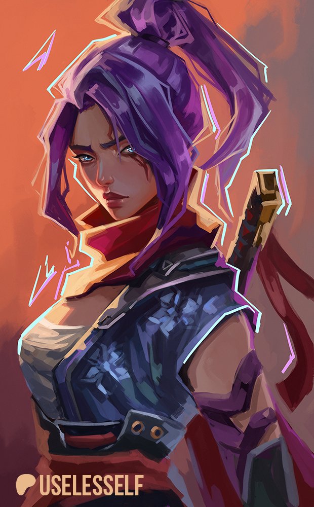 1girl artist_name blue_eyes blue_kimono breasts closed_mouth commentary english_commentary floral_print high_ponytail japanese_clothes katana kimono lips long_hair looking_at_viewer marvel marvel_rivals medium_breasts orange_background ponytail psylocke psylocke_(marvel_rivals) psylocke_(sai) purple_hair red_scarf sarashi scarf short_sleeves sidelocks simple_background solo sword upper_body useless_elf weapon weapon_on_back