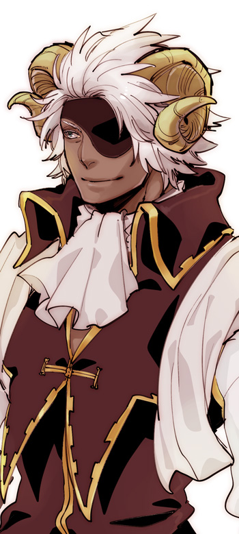 1boy alternate_skin_color ascot blue_eyes chousokabe_motochika_(sengoku_basara) dark-skinned_male dark_skin eyepatch horns looking_ahead male_focus official_alternate_costume sengoku_basara sheep_horns simple_background smile solo upper_body white_ascot white_background white_hair yona_(waiko)