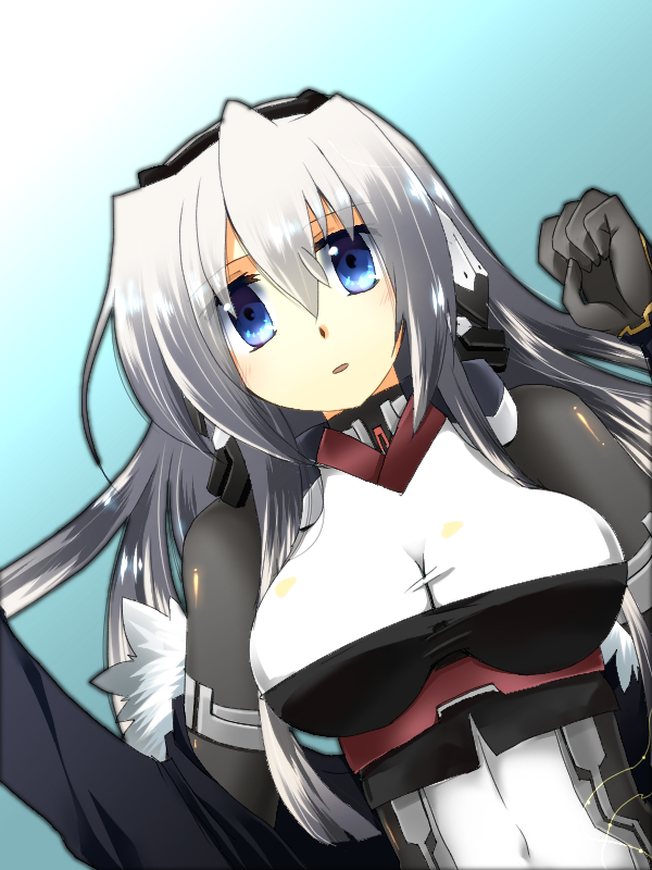 1girl black_bodysuit black_hairband blue_background blue_eyes bodysuit breasts commentary_request covered_navel dutch_angle hair_between_eyes hairband horizon_ariadust kanagi_tsumugi kyoukaisenjou_no_horizon large_breasts long_hair looking_at_viewer open_mouth silver_hair solo upper_body