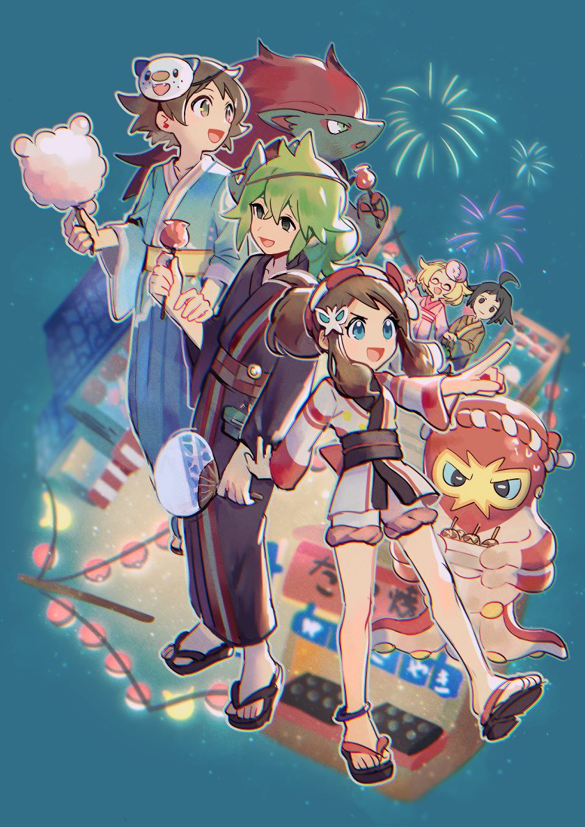 2girls 3boys :d alternate_color alternate_costume bianca_(pokemon) blue_eyes brown_eyes brown_hair candy_apple character_mask cheren_(pokemon) commentary_request cotton_candy feet fireworks food gen_5_pokemon gen_8_pokemon grapploct green_hair hair_ornament hairband hairclip hilbert_(pokemon) hilda_(pokemon) hilda_(summer_2022)_(pokemon) holding holding_cotton_candy holding_food huan_li japanese_clothes kimono mask mask_on_head multiple_boys multiple_girls n_(pokemon) n_(summer_2022)_(pokemon) n_masters_ex nintendo official_alternate_costume open_mouth oshawott pointing pokemon pokemon_bw sandals sash shiny_pokemon short_hair sidelocks smile standing toes tongue zoroark