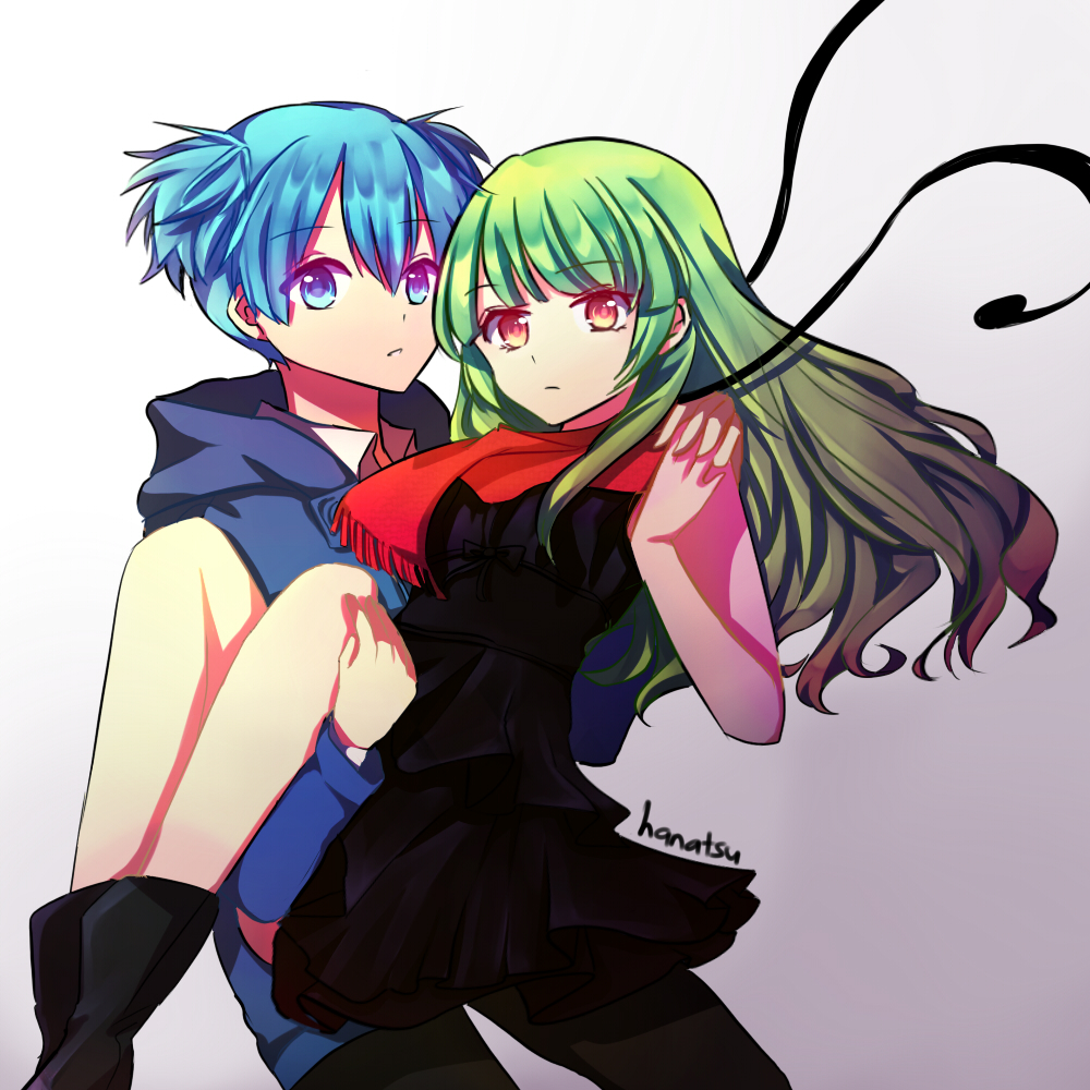 1boy 1girl ansatsu_kyoushitsu artist_name black_dress blue_eyes blue_hair blue_hoodie carrying dress green_hair hanatsu04 hood hoodie kayano_kaede long_hair princess_carry red_scarf scarf shiota_nagisa short_hair short_twintails sleeveless sleeveless_dress tentacles twintails yellow_eyes