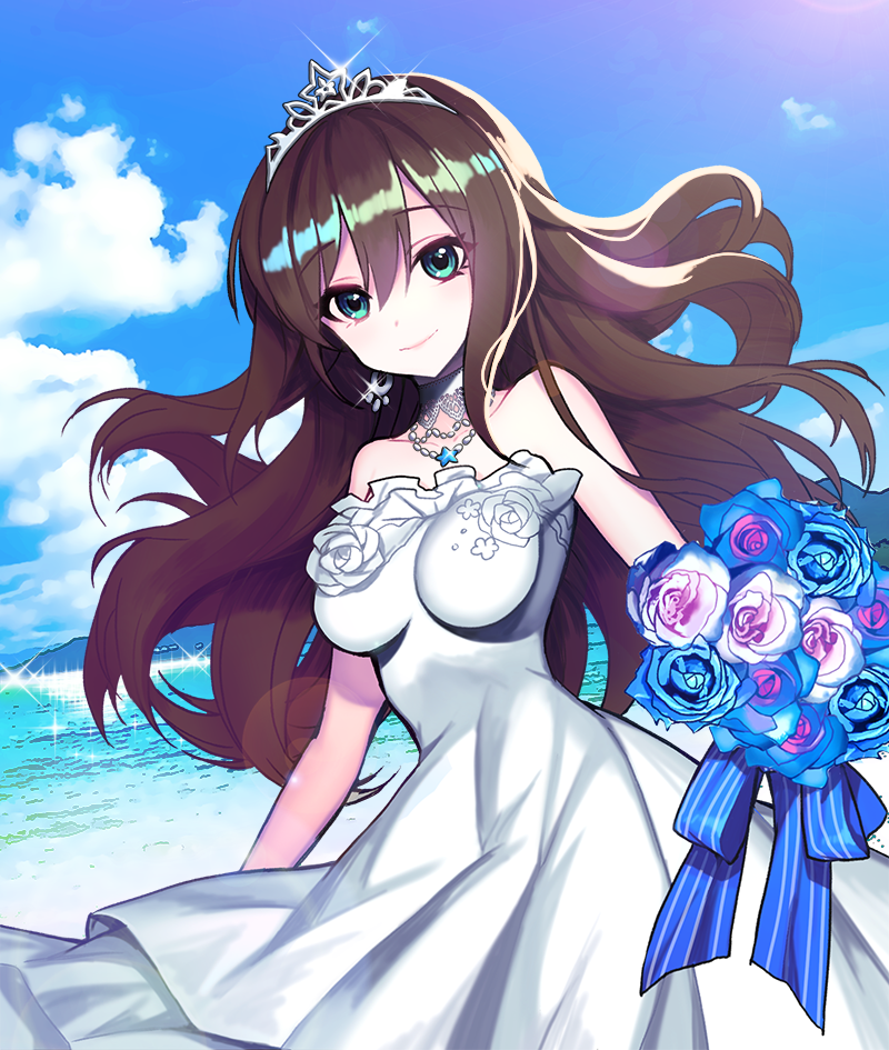1girl blue_bow blue_flower blue_rose bouquet bow brown_hair choker closed_mouth cloud day dress earrings female_focus flower green_eyes holding holding_bouquet idolmaster idolmaster_cinderella_girls idolmaster_cinderella_girls_starlight_stage jewelry kyundoo long_hair looking_at_viewer multicolored_flower multicolored_rose outdoors rose shibuya_rin sky smile solo strapless strapless_dress tiara water white_dress white_flower white_rose