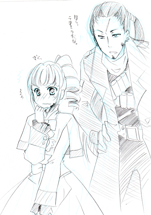 1boy 1girl ange_serena beard belt blush capelet coat dress earrings facial_hair frills gloves jewelry long_hair monochrome necklace pants ponytail ribbon ricardo_soldato scar scarf tales_of_(series) tales_of_innocence