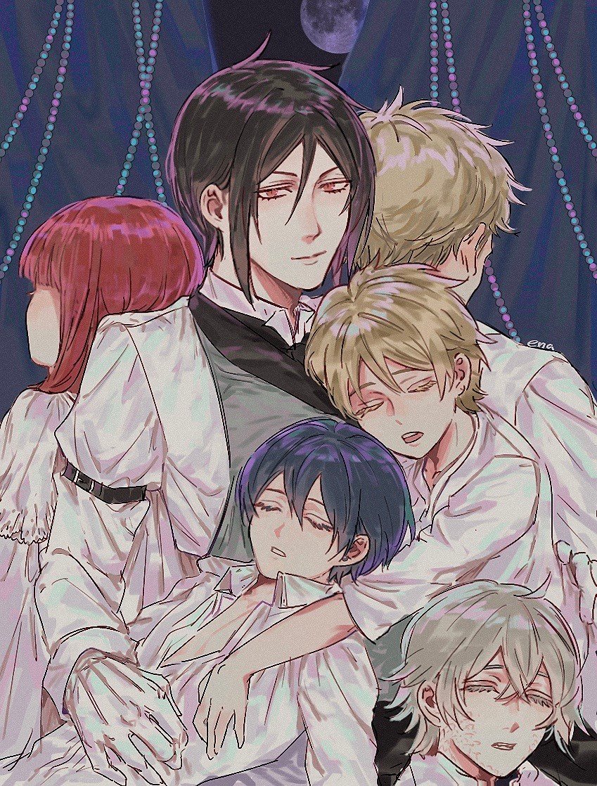1girl 5boys bardroy black_hair blue_hair butler child ciel_phantomhive ena33333333 finnian gloves hair_between_eyes kuroshitsuji looking_at_viewer male_focus meirin_(kuroshitsuji) multiple_boys red_eyes red_hair sebastian_michaelis shirt short_hair sleeping snake_(kuroshitsuji) victorian white_gloves