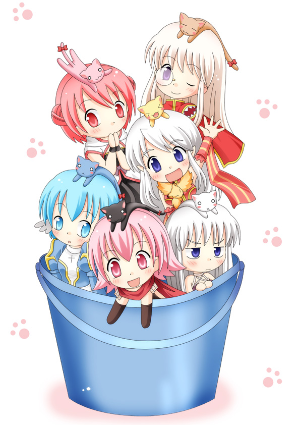 6+girls :d animal animal_around_neck animal_on_head assassin_(ragnarok_online) assassin_cross_(ragnarok_online) black_cat blue_cat blue_dress blue_eyes brown_cat bucket cape cat cat_on_head chibi chibi_only closed_mouth commentary_request creator_(ragnarok_online) detached_sleeves double_bun dress fox frown hair_bun high_priest_(ragnarok_online) in_bucket in_container juliet_sleeves long_hair long_sleeves looking_at_viewer meruya_(catcan) monk_(ragnarok_online) multiple_girls on_head one_eye_closed open_mouth paw_print paw_print_background pink_cat pink_eyes pink_hair professor_(ragnarok_online) puffy_sleeves purple_eyes ragnarok_online red_cape red_scarf red_sleeves scarf short_hair simple_background smile striped_sleeves two-tone_dress upper_body v-shaped_eyebrows white_background white_cat white_dress white_hair yellow_cat yellow_sleeves