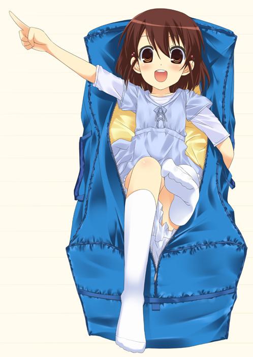 00s 1girl :d bag blush casual duffel_bag duplicate exif_thumbnail_surprise feet female_focus in_container jpeg_artifacts kneehighs kyon_no_imouto legs looking_at_viewer lying mizuki_makoto on_back open_mouth pointing simple_background smile socks solo suzumiya_haruhi_no_yuuutsu white_background white_socks