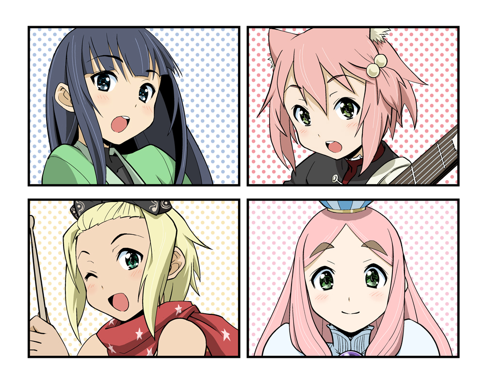 4girls 7th_dragon 7th_dragon_(series) blonde_hair blue_hair blush fighter_(7th_dragon) green_eyes guitar haganemaru_kennosuke harukara_(7th_dragon) hat hatch_(7th_dragon) instrument k-on! long_hair maron_(7th_dragon) multiple_girls one_eye_closed parody pink_hair portrait princess_(7th_dragon) ran_(7th_dragon) rogue_(7th_dragon) samurai_(7th_dragon) samurai_(7th_dragon) short_hair style_parody wink