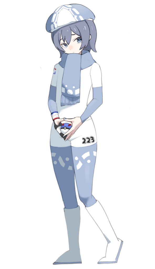1girl adapted_costume beret blue_bodysuit blue_nails blue_scarf bodysuit boots cevio commentary_request full_body gloves grey_eyes grey_hair hat head_tilt heel_up hiragi_sage holding holding_poke_ball knee_boots long_sleeves looking_at_viewer nintendo own_hands_together partially_fingerless_gloves poke_ball pokemon pokemon_swsh scarf short_hair single_glove solo standing steepled_fingers suzuki_tsudumi two-tone_bodysuit v_arms white_bodysuit white_boots