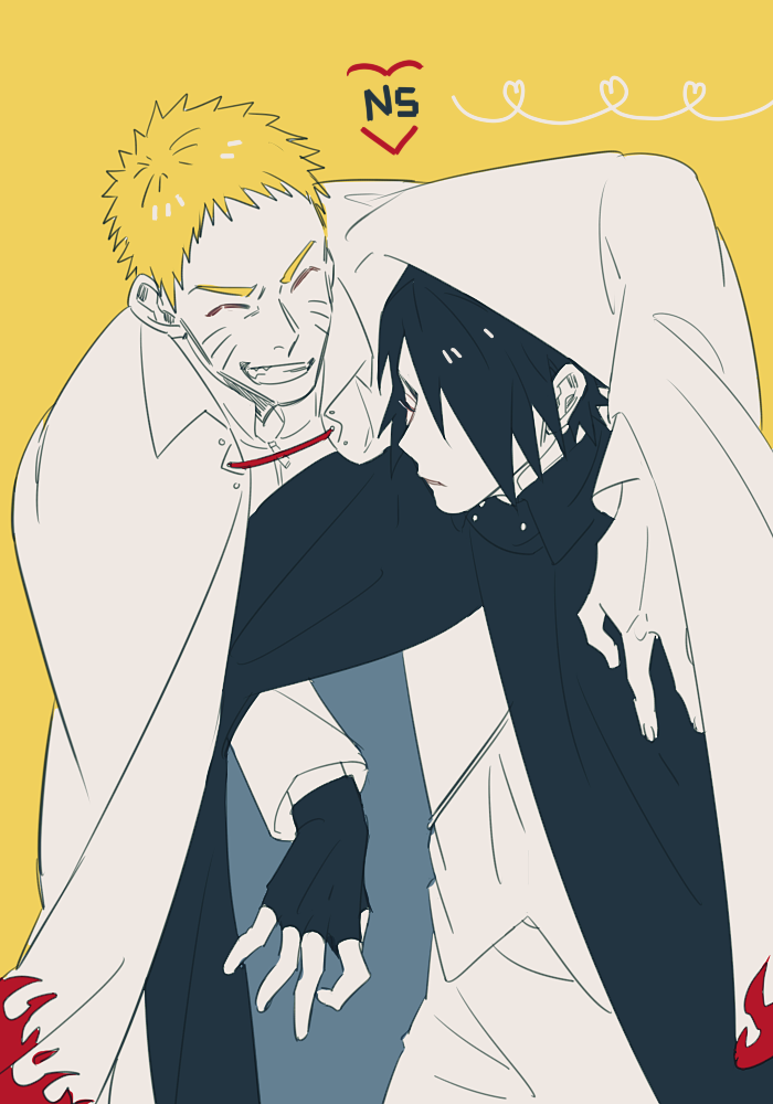 2boys black_hair blonde_hair boruto:_naruto_next_generations closed_eyes facial_mark fingernails grin male_focus multiple_boys naruto_(series) short_hair smile uchiha_sasuke uzumaki_naruto vosovic whisker_markings yaoi