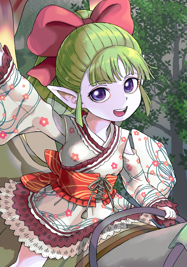 1girl :d arm_up blunt_bangs bow colored_skin commentary_request cowboy_shot dragon_quest dragon_quest_x dress fairy_wings floating_clothes floating_hair floral_print furisode_sleeves fuura_(dq10) green_hair hair_bow hijirino_yuuta japanese_clothes leaf looking_at_viewer official_alternate_costume open_mouth pointy_ears ponytail purple_eyes purple_skin red_bow riding smile solo wide_sleeves wings