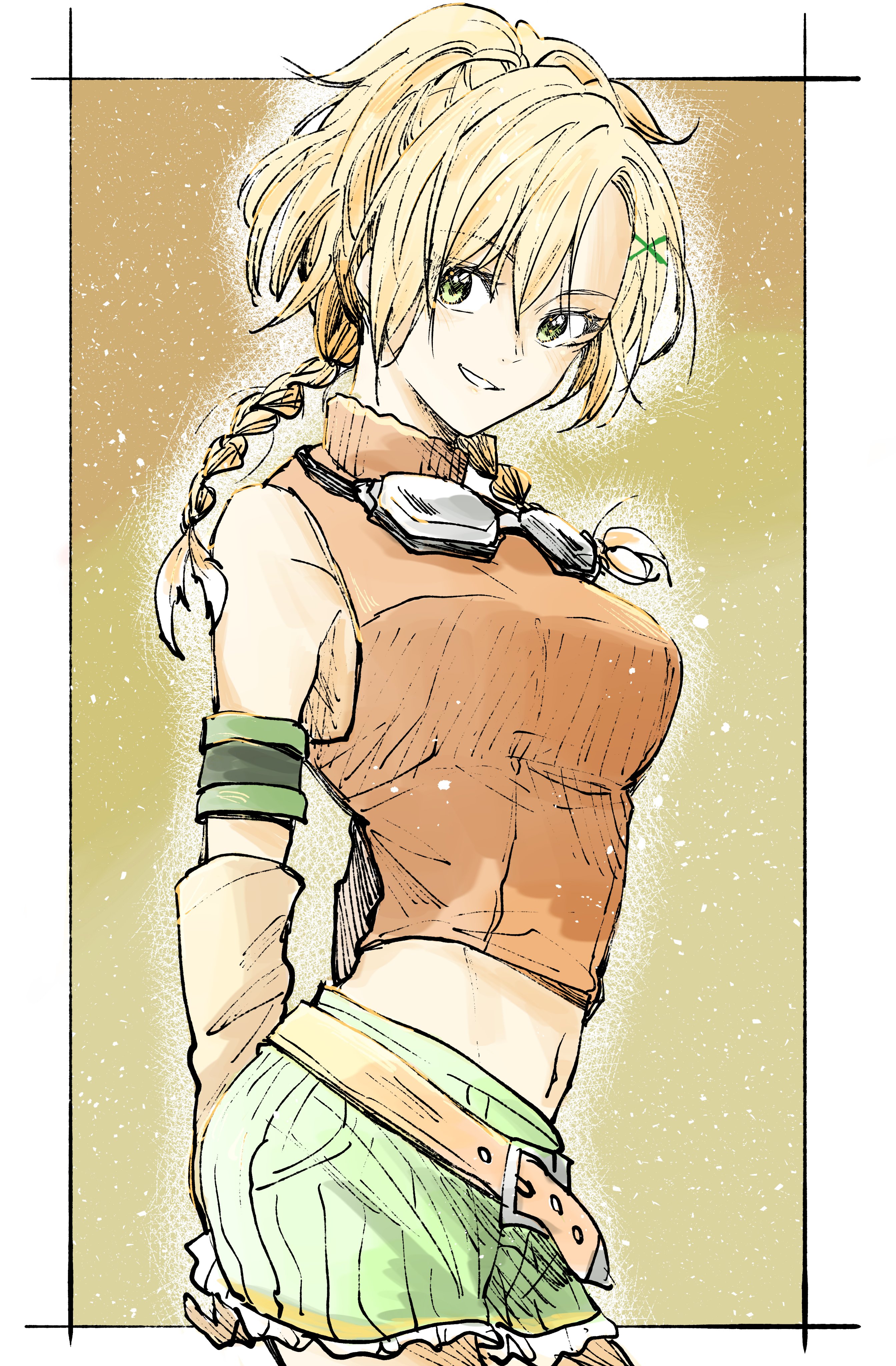 1girl absurdres arched_back armband arms_behind_back bare_shoulders belt border braid breasts cowboy_shot crop_top elbow_gloves final_fantasy final_fantasy_x fingerless_gloves frilled_shorts frills gloves goggles goggles_around_neck green_eyes green_shorts hair_between_eyes hair_ornament highres kudou_makoto looking_at_viewer loose_belt medium_breasts midriff orange_shirt parted_bangs parted_lips ponytail rikku_(ff10) shirt short_hair_with_long_locks short_shorts shorts sleeveless sleeveless_turtleneck smile solo teeth turtleneck twin_braids white_border x_hair_ornament yellow_background