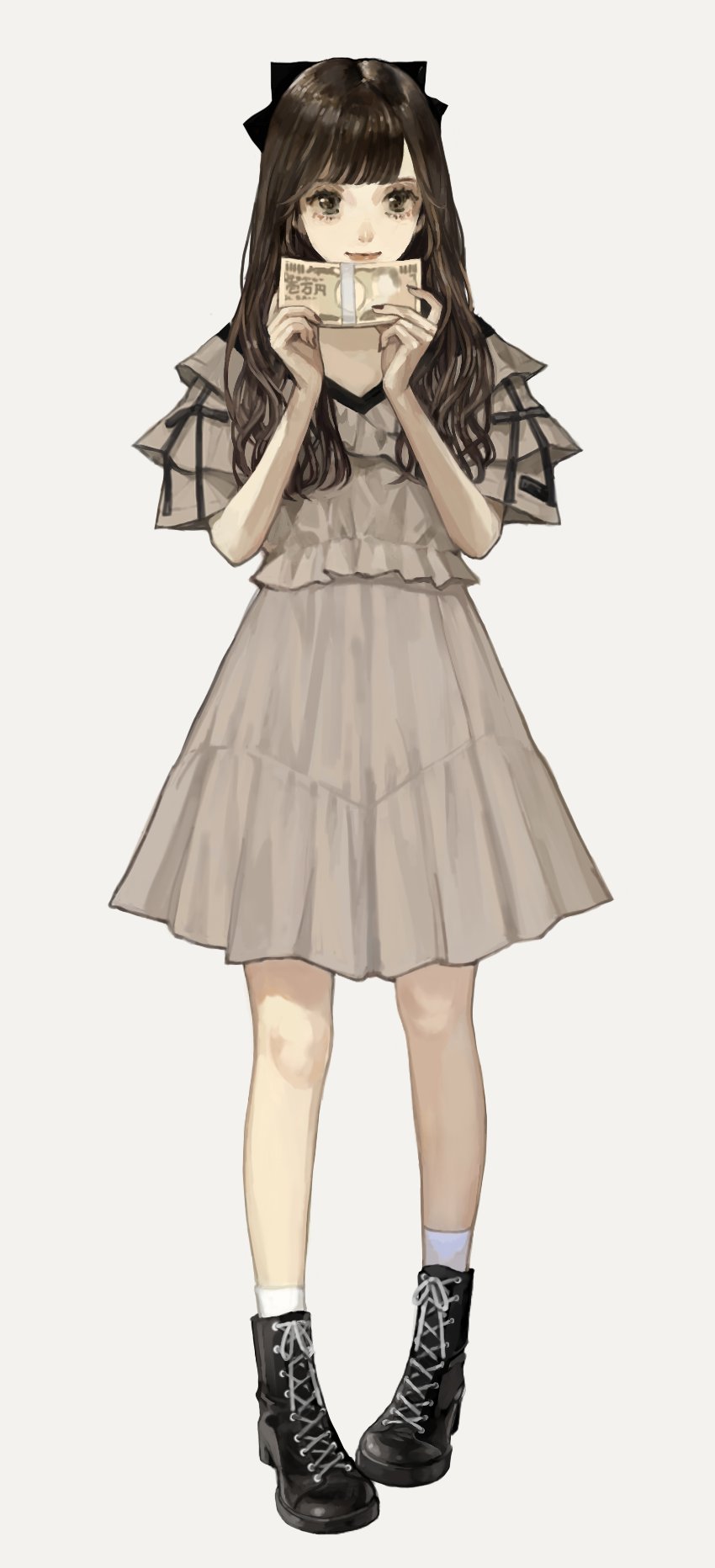 1girl ankle_boots black_boots black_eyes black_hair black_ribbon boots brown_dress closed_mouth dress fingernails frilled_sleeves frills full_body hair_ribbon hands_up highres holding holding_money long_hair looking_at_viewer money original ribbon sakauchi_waka short_sleeves simple_background smile socks solo standing tachi-e white_background white_socks