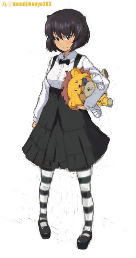 1girl artist_name black_bow black_bowtie black_hair black_pantyhose black_ribbon black_shoes black_skirt bob_cut boko_(girls_und_panzer) bow bowtie closed_mouth collared_shirt commentary cosplay dark-skinned_female dark_skin full_body girls_und_panzer green_eyes hair_ribbon high-waist_skirt holding holding_stuffed_toy hoshino_(girls_und_panzer) kayabakoro leopon_(animal) long_sleeves looking_at_viewer mary_janes medium_skirt pantyhose ribbon shimada_arisu shimada_arisu_(cosplay) shirt shoes short_hair simple_background skirt smile solo standing striped_clothes striped_pantyhose stuffed_animal stuffed_toy suspender_skirt suspenders teddy_bear twitter_username white_background white_shirt