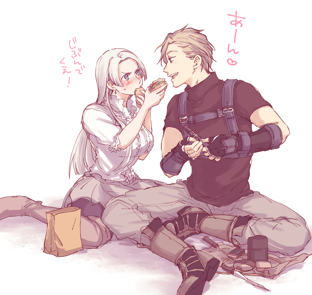 1boy 1girl bag black_shirt breasts brown_hair chris_lightfellow commentary_request dress food gensou_suikoden gensou_suikoden_iii gloves knife long_hair nash_latkje pantyhose ruruo_(p76) shirt short_hair silver_hair