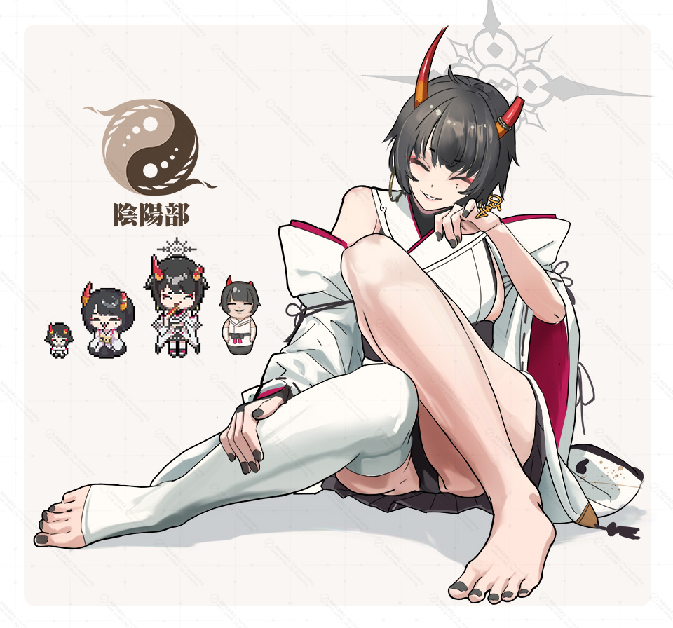1girl black_hair black_nails blue_archive blush breasts broken_horn chibi chibi_inset closed_eyes detached_sleeves earrings feet gradient_horns halo havi hoop_earrings horns japanese_clothes jewelry kimono knee_up large_breasts legs mole mole_under_eye multicolored_horns nail_polish niya_(blue_archive) no_shoes open_mouth orange_horns pixel_art short_hair sideboob sideless_kimono single_bare_foot single_bare_leg smile solo toeless_legwear toenail_polish toenails toes wide_sleeves