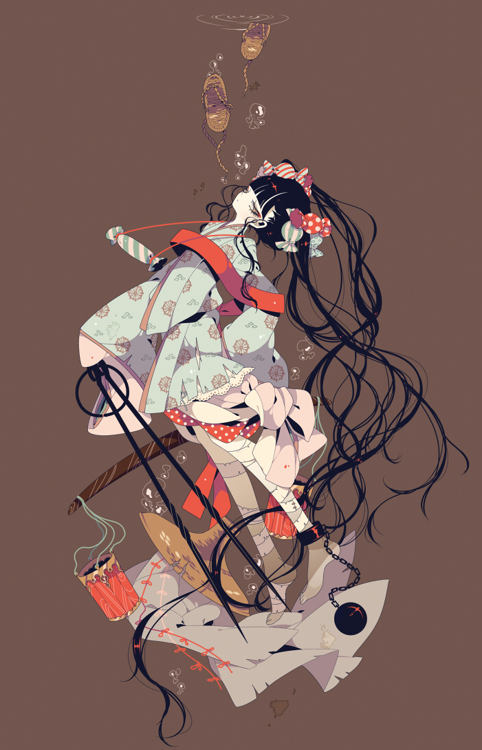 1girl anju_to_zushiou bandages barefoot black_hair bubble candy chain hat japanese_clothes kimono long_hair original princess_royale sandals unworn_sandals shikimi_(yurakuru) very_long_hair