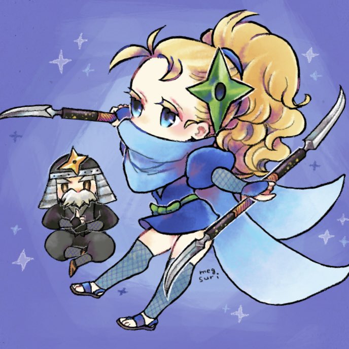 1boy 1girl armor artist_name black_pants black_shirt blonde_hair blue_background blue_dress blue_eyes blue_scarf brown_eyes chibi colored_eyelashes dress dual_wielding facial_hair final_fantasy final_fantasy_v fingerless_gloves fishnet_thighhighs fishnets floating galuf_halm_baldesion gloves grandfather_and_granddaughter grey_hair hair_tie holding japanese_armor juliet_sleeves krile_mayer_baldesion_(ff5) long_sleeves megsuri mustache old old_man pants ponytail puffy_sleeves sandals scarf shirt shuriken_hair_ornament thighhighs toeless_footwear wavy_hair