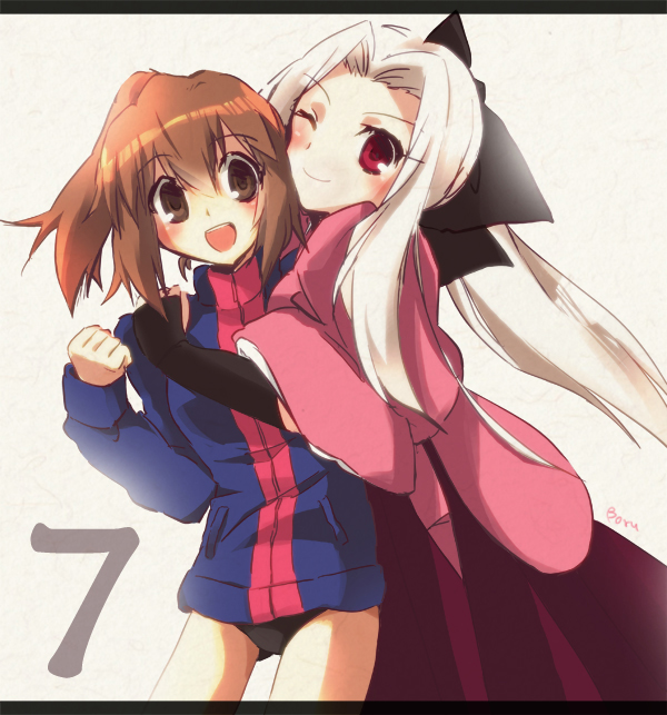 2girls aged_down artist_name blush boru-boru bow brown_eyes brown_hair buruma countdown fate/zero fate_(series) fujimura_taiga hair_bow instructor_iri irisviel_von_einzbern jacket japanese_clothes kimono long_hair multiple_girls official_alternate_costume ponytail red_eyes signature student_no._0 track_jacket white_hair