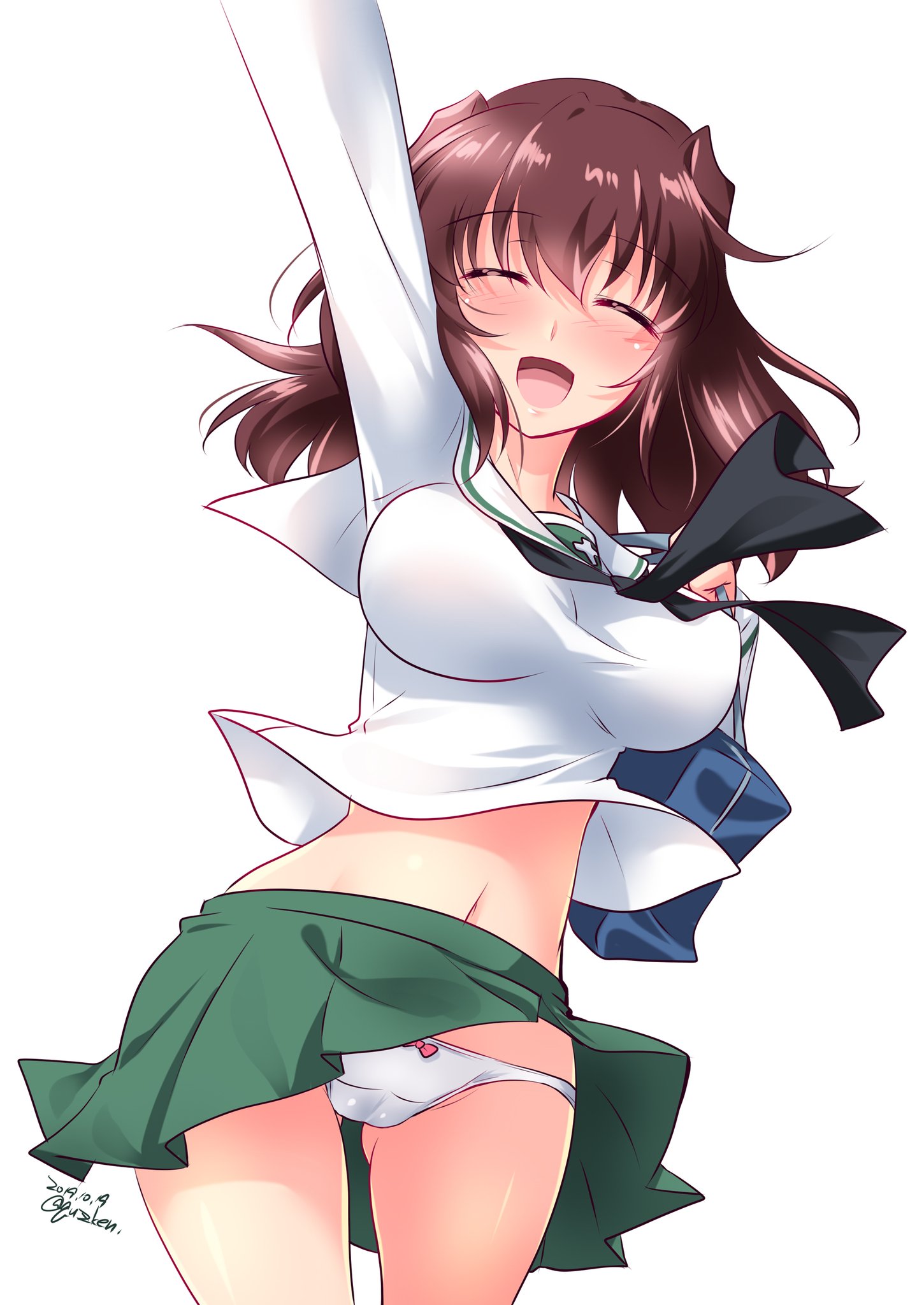1girl :d bag black_neckerchief blouse blush bow bow_panties breasts brown_hair carrying closed_eyes clothes_lift commentary cowboy_shot crotch_seam dated facing_viewer female_focus girls_und_panzer gluteal_fold green_skirt highres kondou_taeko kuzuryuu_kennosuke leaning_forward long_sleeves medium_breasts medium_hair midriff midriff_peek miniskirt navel neckerchief no_headband one-hour_drawing_challenge ooarai_school_uniform open_mouth panties pantyshot pleated_skirt school_bag school_uniform serafuku shirt simple_background skindentation skirt skirt_lift smile solo standing underwear waving white_background white_panties white_shirt wind wind_lift