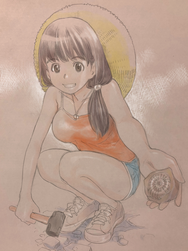 1girl bare_arms bare_legs fossil full_body hammer hat holding holding_hammer kimi_wa_sukinosaurus long_hair looking_at_viewer low_twintails original sekiguchi_taro shiraishi_momiji shoes short_shorts shorts smile sneakers solo squatting sun_hat tank_top teeth traditional_media twintails