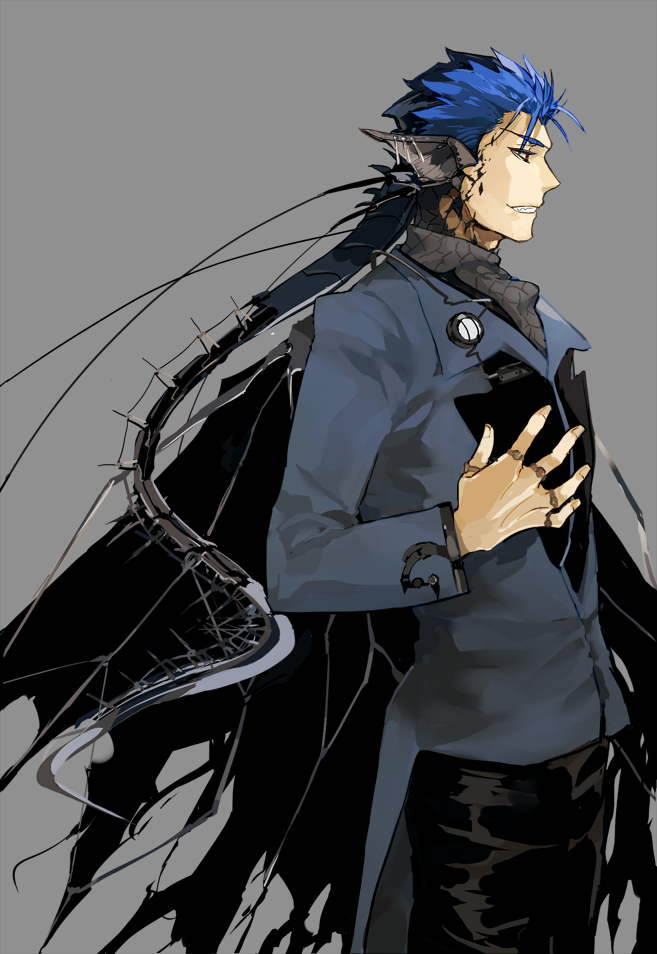 1boy animal_ears blue_hair coat collared_coat crimo cu_chulainn_(fate) cu_chulainn_(fate/stay_night) fangs fate/stay_night fate_(series) grey_background jewelry male_focus pointy_ears ring simple_background smile solo upper_body