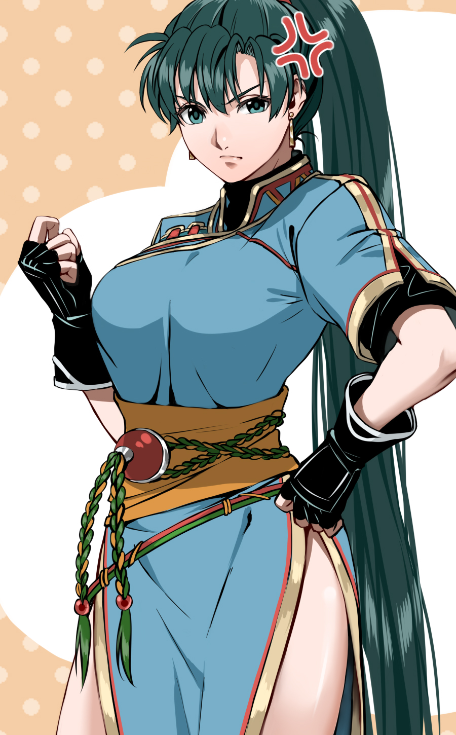 1girl anger_vein annoyed blue_dress breasts delsaber dress earrings fingerless_gloves fire_emblem fire_emblem:_the_blazing_blade gloves green_eyes green_hair hand_on_own_hip high_ponytail highres jewelry large_breasts long_hair lyn_(fire_emblem) nintendo pelvic_curtain ponytail rope_belt side_slit