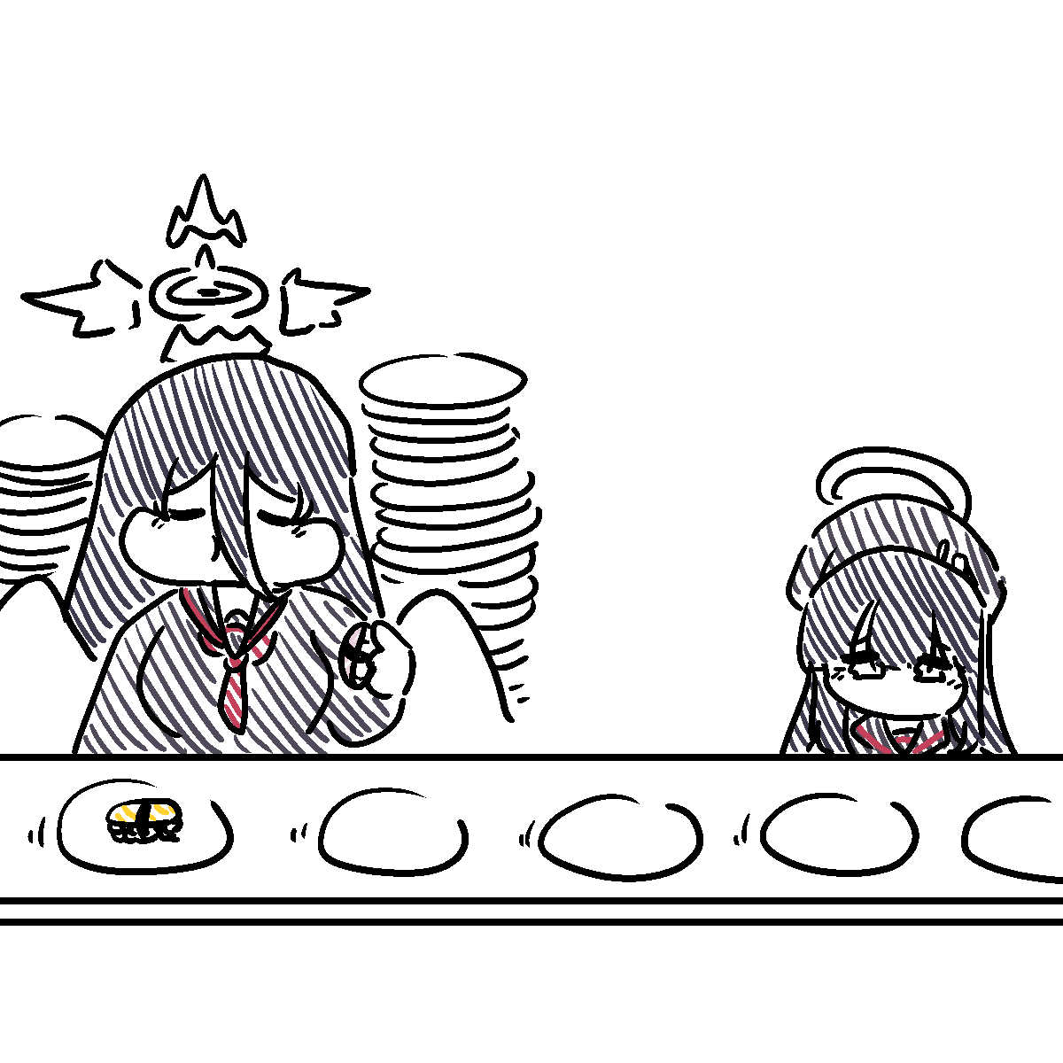 2girls amedrama black_hair blue_archive breasts conveyor_belt_sushi eating empty_plate food hair_between_eyes halo hasumi_(blue_archive) highres holding holding_food justice_task_force_member_(blue_archive) long_hair multiple_girls plate plate_stack red_sailor_collar sailor_collar simple_background sushi white_background
