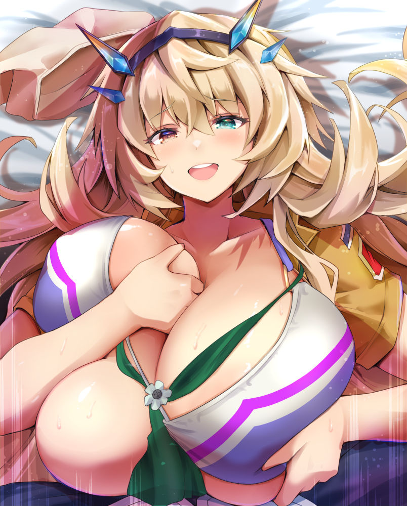 1boy 1girl asahi_(fullmetal_madness) bare_shoulders barghest_(fate) barghest_(swimsuit_archer)_(final_ascension)_(fate) barghest_(swimsuit_archer)_(first_ascension)_(fate) bikini blonde_hair blush boy_on_top breasts breasts_squeezed_together cleavage collarbone fate/grand_order fate_(series) green_eyes grey_hat hat hetero heterochromia horns huge_breasts long_hair looking_at_viewer multicolored_bikini neckerchief open_mouth paizuri red_eyes shirt short_sleeves smile straddling_paizuri swimsuit white_bikini yellow_shirt
