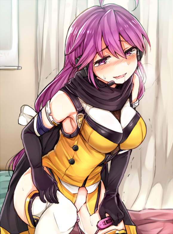 1girl between_breasts black_gloves black_scarf blush bottomless breasts curtains drooling elbow_gloves female_focus female_masturbation gloves hair_between_eyes half-closed_eyes headset holding indoors kentou_kanami large_breasts long_hair masturbation nose_blush object_insertion parted_lips purple_eyes purple_hair rance_(series) sabujiroko scarf sex_toy sitting smile solo thighhighs trembling vaginal vaginal_object_insertion very_long_hair vibrator white_thighhighs