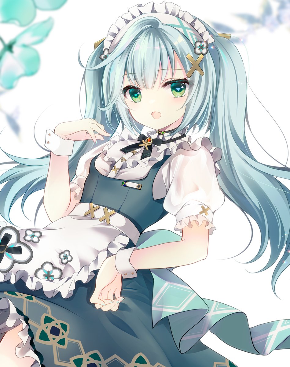 1girl :o apron aqua_hair aqua_nails black_bow black_bowtie blue_dress bow bowtie commentary_request cowboy_shot dress faruzan_(genshin_cafe_in_seoul)_(genshin_impact) faruzan_(genshin_impact) fingernails frilled_apron frills genshin_impact green_eyes hair_ornament hand_up highres long_hair looking_at_viewer maid_apron maid_headdress nail_polish official_alternate_costume puffy_short_sleeves puffy_sleeves shirogane_hina short_sleeves solo symbol-shaped_pupils triangle-shaped_pupils twintails very_long_hair waist_apron white_apron white_background white_sleeve_cuffs x_hair_ornament
