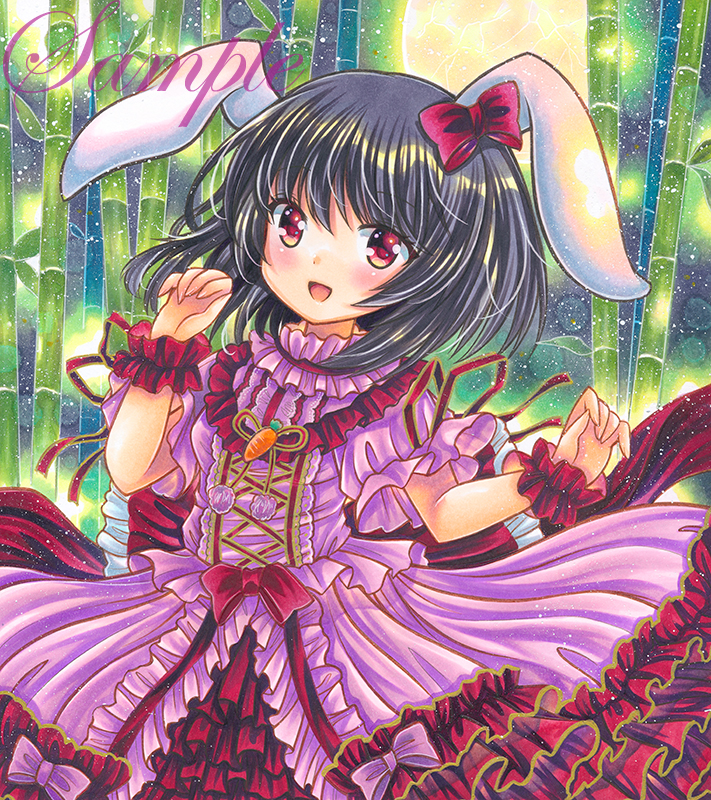 1girl adapted_costume animal_ears bamboo black_hair bow carrot_pin cross-laced_clothes dress edaori frilled_dress frills green_background head_tilt inaba_tewi looking_at_viewer marker_(medium) medium_hair moon outdoors pink_dress puffy_short_sleeves puffy_sleeves rabbit_ears red_bow red_eyes rui_(sugar3) sample_watermark short_sleeves solo touhou traditional_media watermark wrist_cuffs