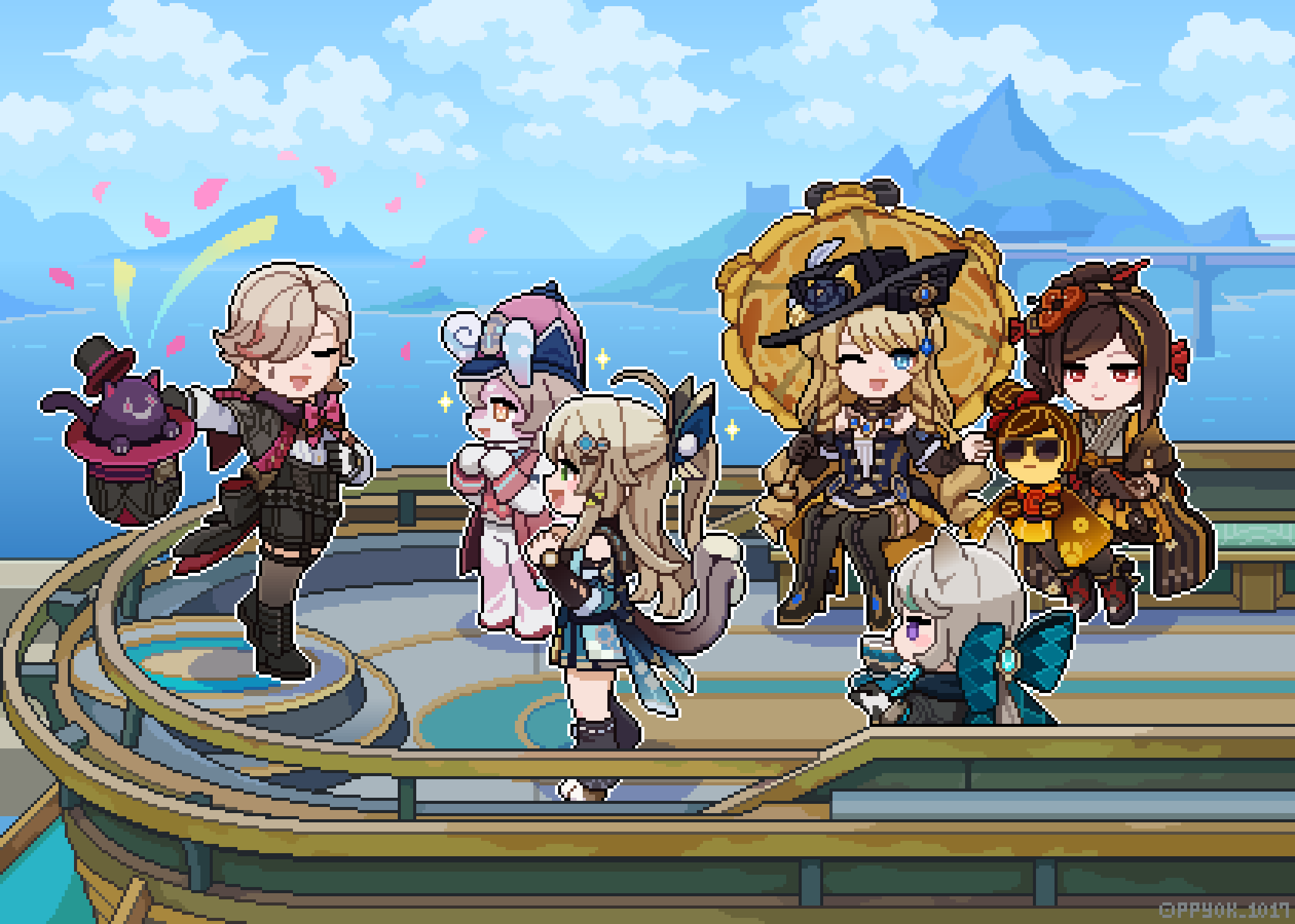 1boy 5girls ;d animal_ears bare_shoulders black_boots black_flower black_gloves black_hat black_sleeves blonde_hair blonde_streaks blue_eyes boots brown_gloves brown_hair cat_ears cat_girl chiori_(genshin_impact) closed_eyes commentary day detached_sleeves doll elphane_(genshin_impact) english_commentary flower genshin_impact gloves green_eyes grey_hair grey_kimono hair_over_one_eye hat hat_flower highres holding holding_umbrella japanese_clothes kimono kirara_(genshin_impact) long_hair looking_at_viewer lynette_(genshin_impact) lyney_(genshin_impact) melusine_(genshin_impact) multicolored_hair multiple_girls multiple_tails navia_(genshin_impact) nekomata one_eye_closed open_mouth outdoors ppyok_1017 purple_eyes red_eyes single_glove sitting smile star_(symbol) streaked_hair tail tamoto_(genshin_impact) top_hat two_tails umbrella unworn_headwear very_long_hair yellow_umbrella